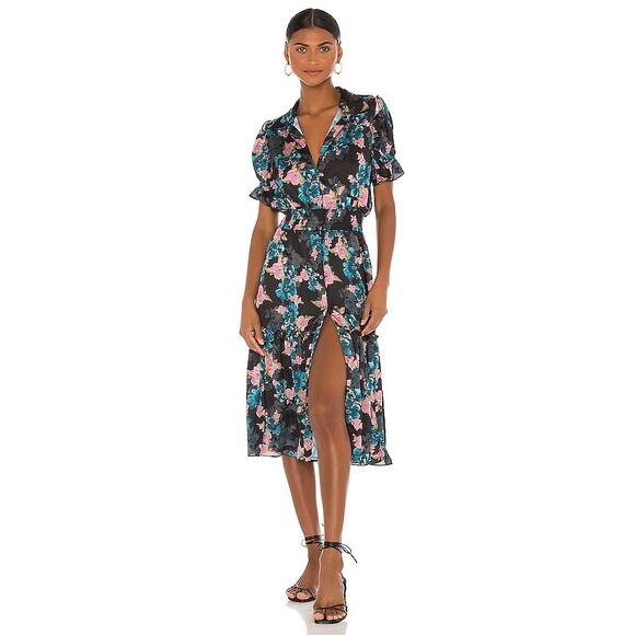 Misa Melvari Button up Midi Dress Shadow Floral Black Multi Medium - Picture 1 of 13